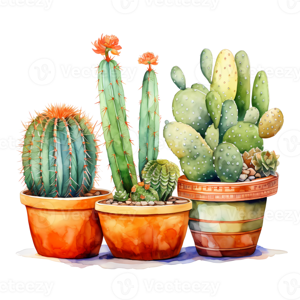 Ai generated watercolor cactus plants in pots on a white background png