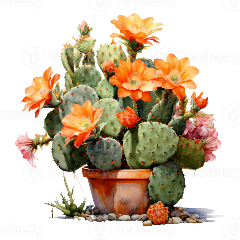 Ai generated cactus flowers in a pot on a transparent background png