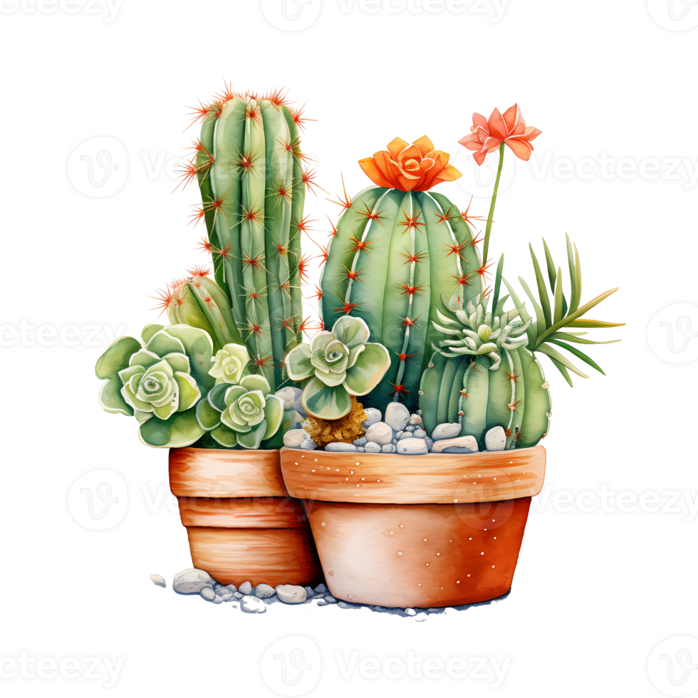 Ai generated cactus plant in pot watercolor illustration png