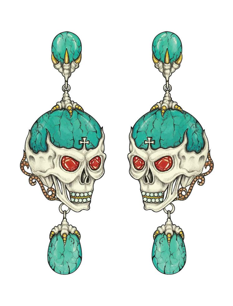 Jewelry design turquoiseset with fancy skull ecrrings hand drawing and painting make graphic vector. vector