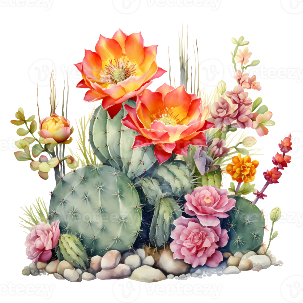 Ai generated cactus and flowers on transparent background png