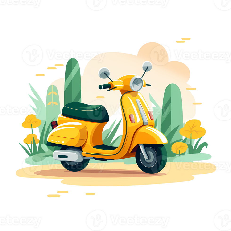 Ai generated yellow scooter with a box on the back, with trees and a road png