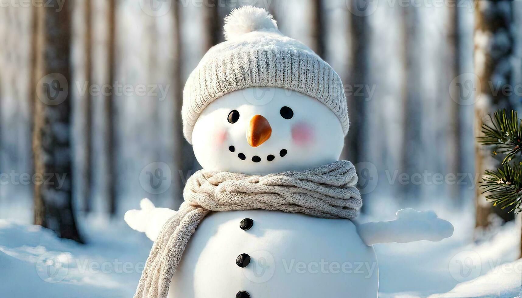 Winter holiday christmas background banner - Closeup of cute funny laughing snowman with wool hat and scarf, on snowy snow snowscape with bokeh lights, Generative Ai photo