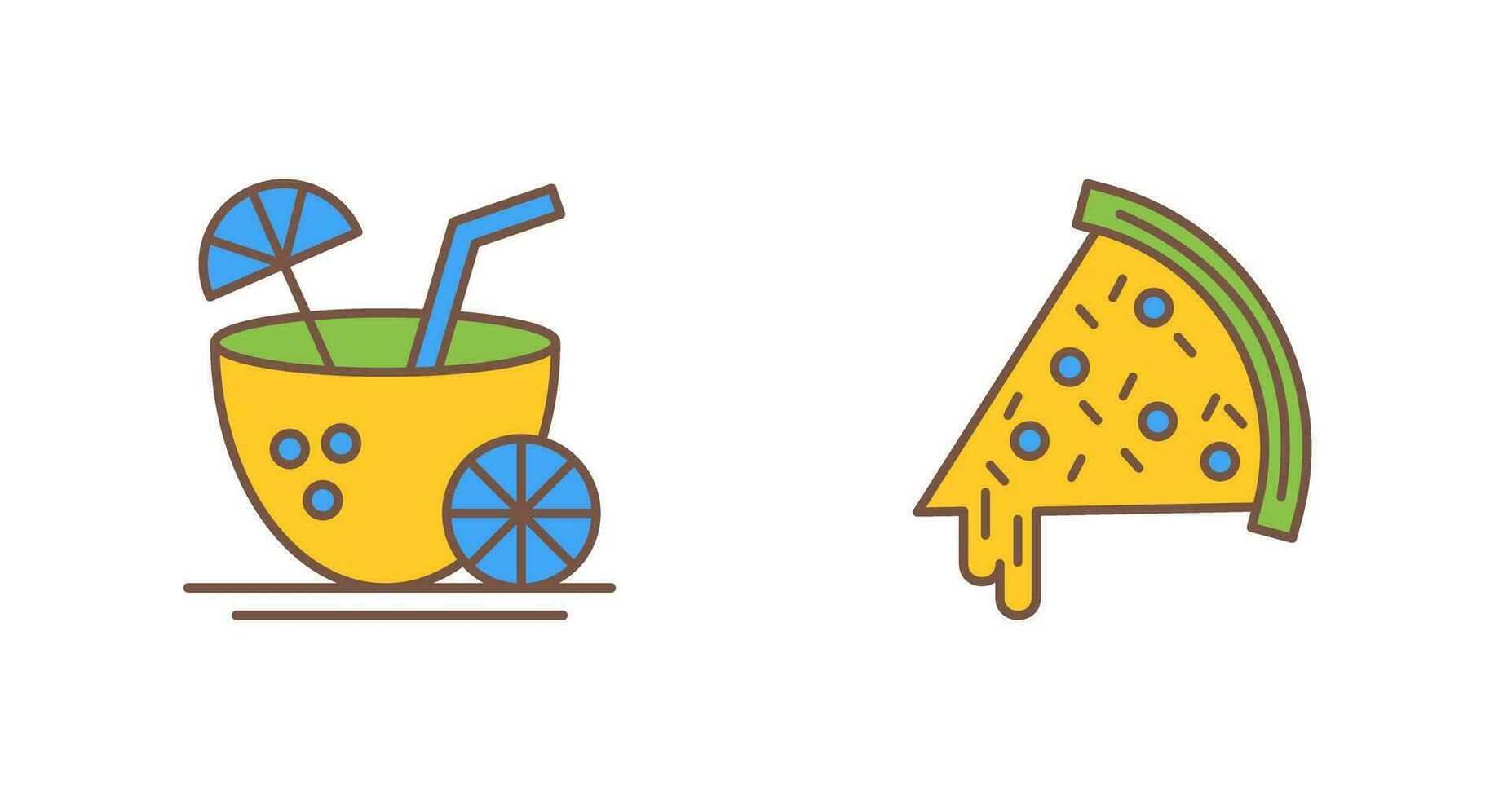 Pizza rebanada y Coco bebida icono vector
