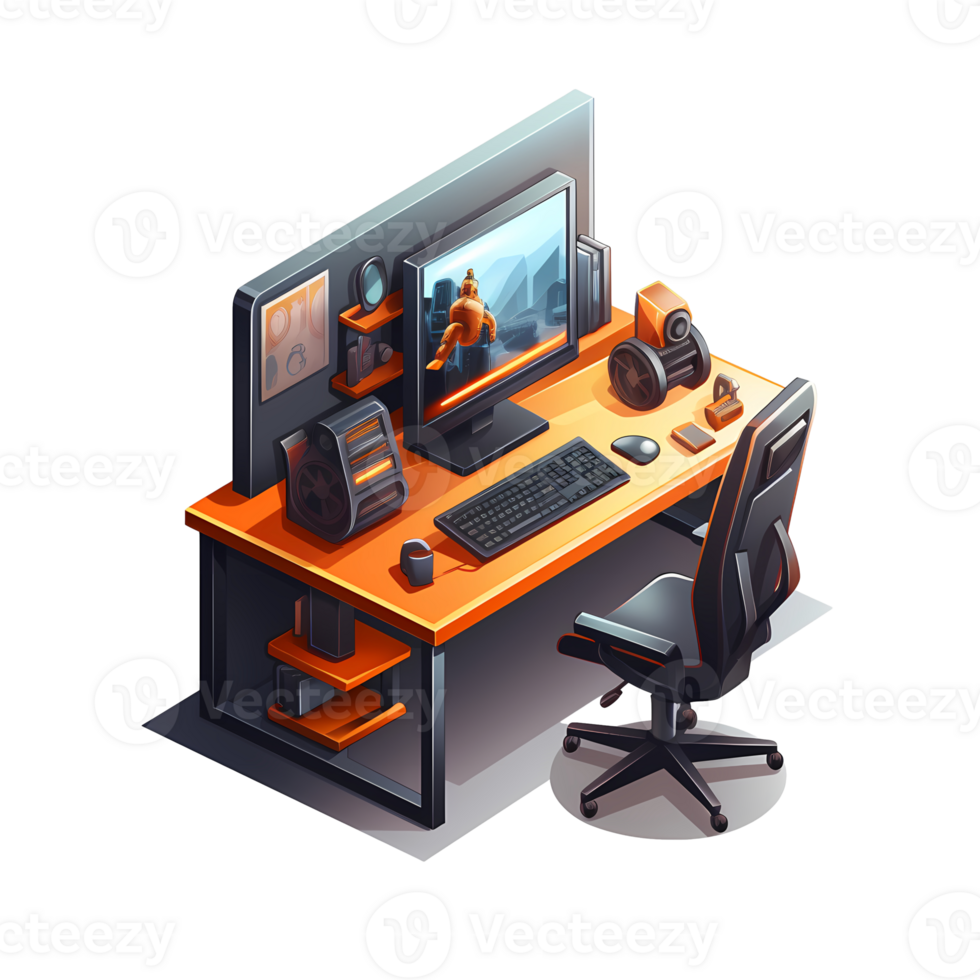 Ai generated computer desk with monitor, keyboard and mouse png