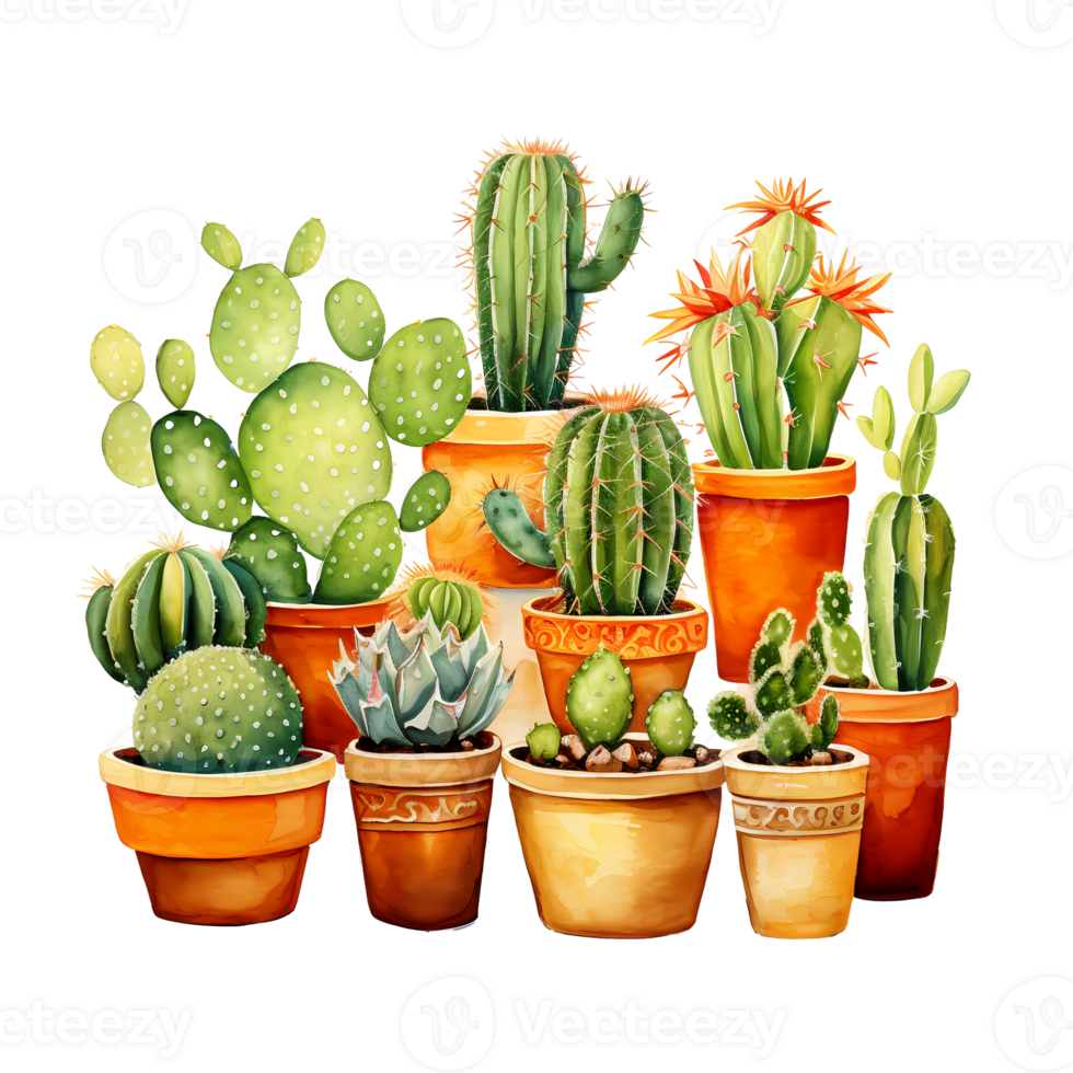 Ai generated watercolor cactus plants in pots 33205212 PNG