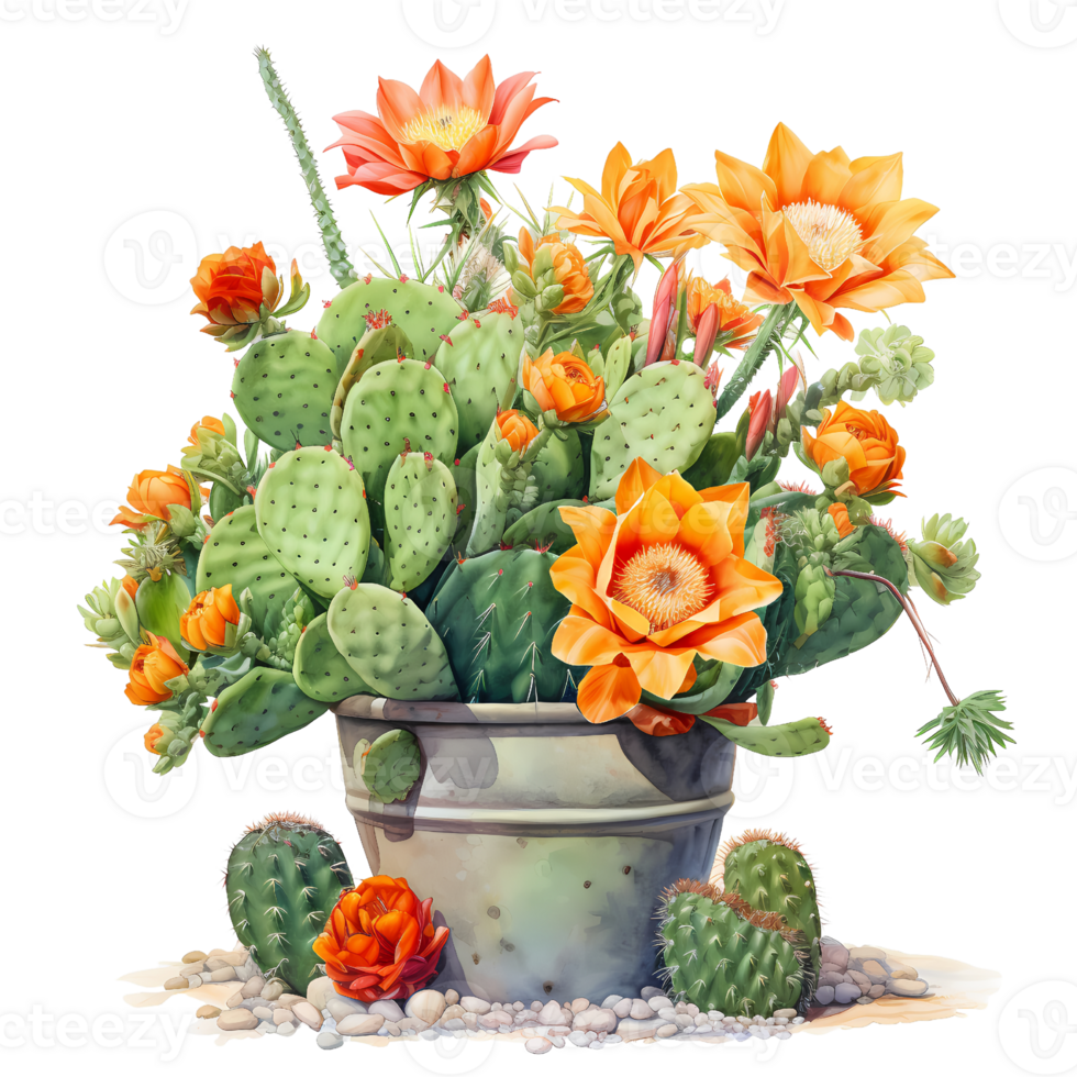 Ai generated cactus flowers in a pot on a transparent background png