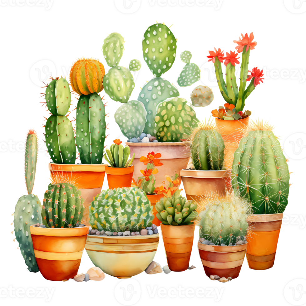 Ai generated watercolor cactus plants in pots png
