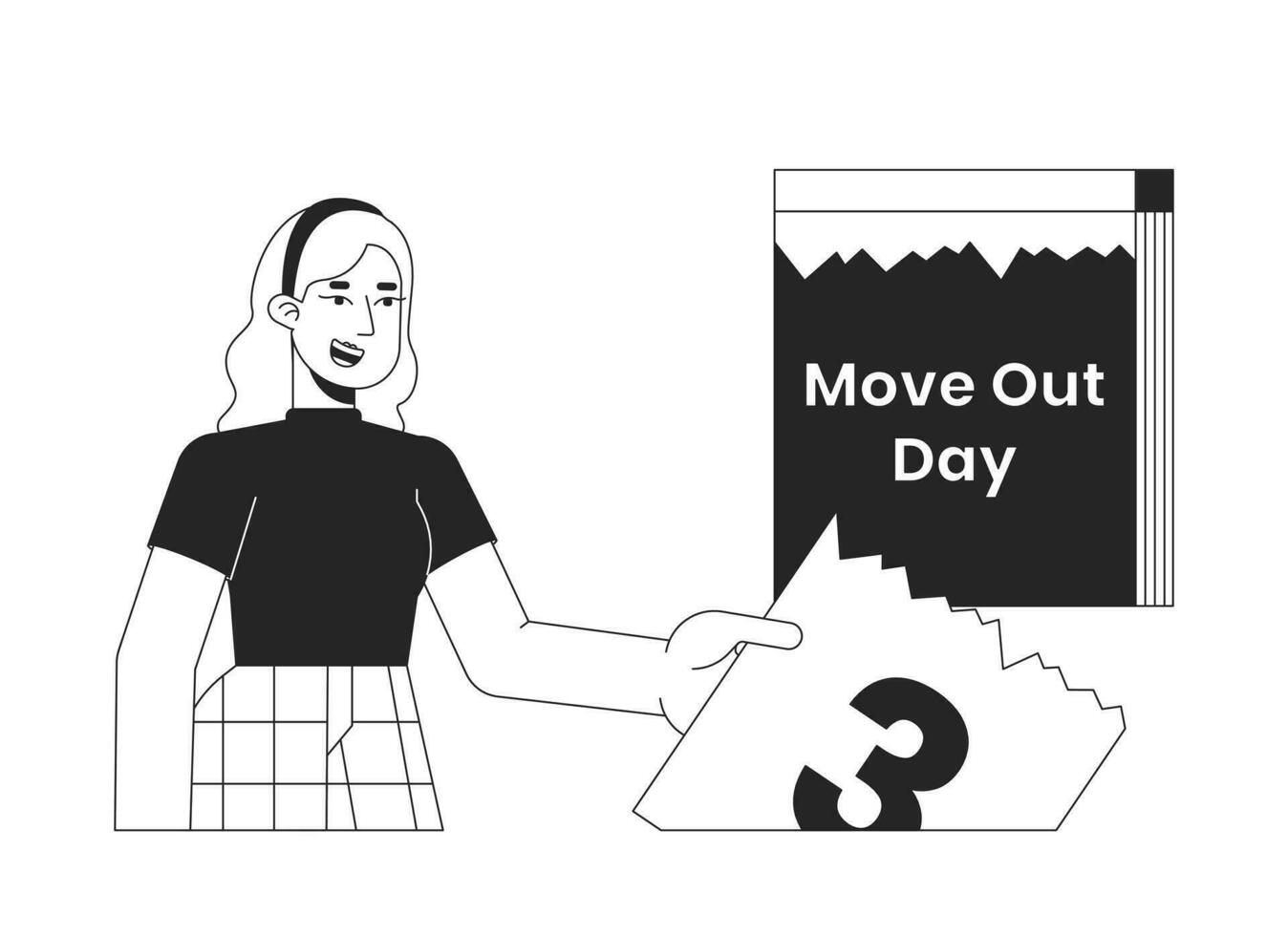 Calendar woman on moving out day black and white 2D line cartoon character. Caucasian girl ready to relocation isolated vector outline person. Moving house day monochromatic flat spot illustration