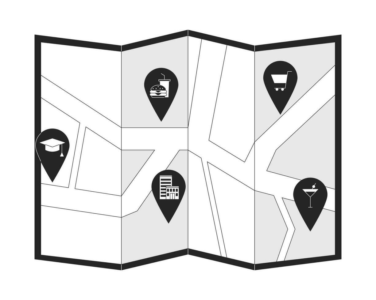 Neighborhood map with pinpoints black and white 2D line cartoon object. Entertainment education. Downtown location pins isolated vector outline item. Urban plan monochromatic flat spot illustration