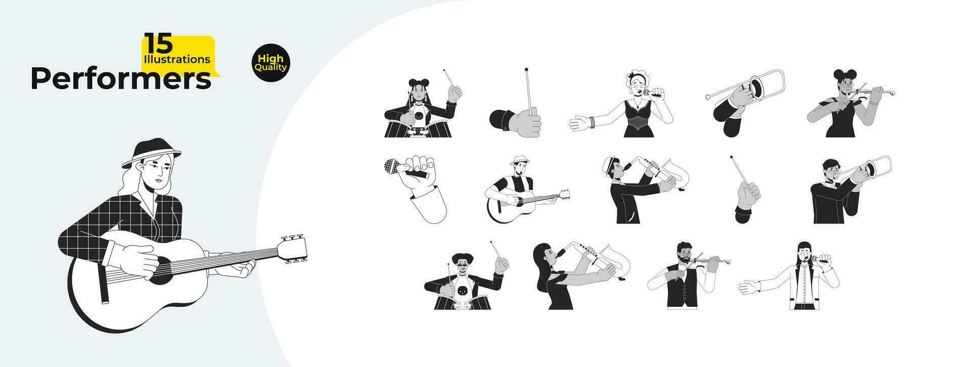 música intérpretes negro y blanco dibujos animados plano ilustración manojo. músico musical instrumento jugando 2d arte lineal caracteres aislado. jazz clásico concierto monocromo vector contorno imagen colección