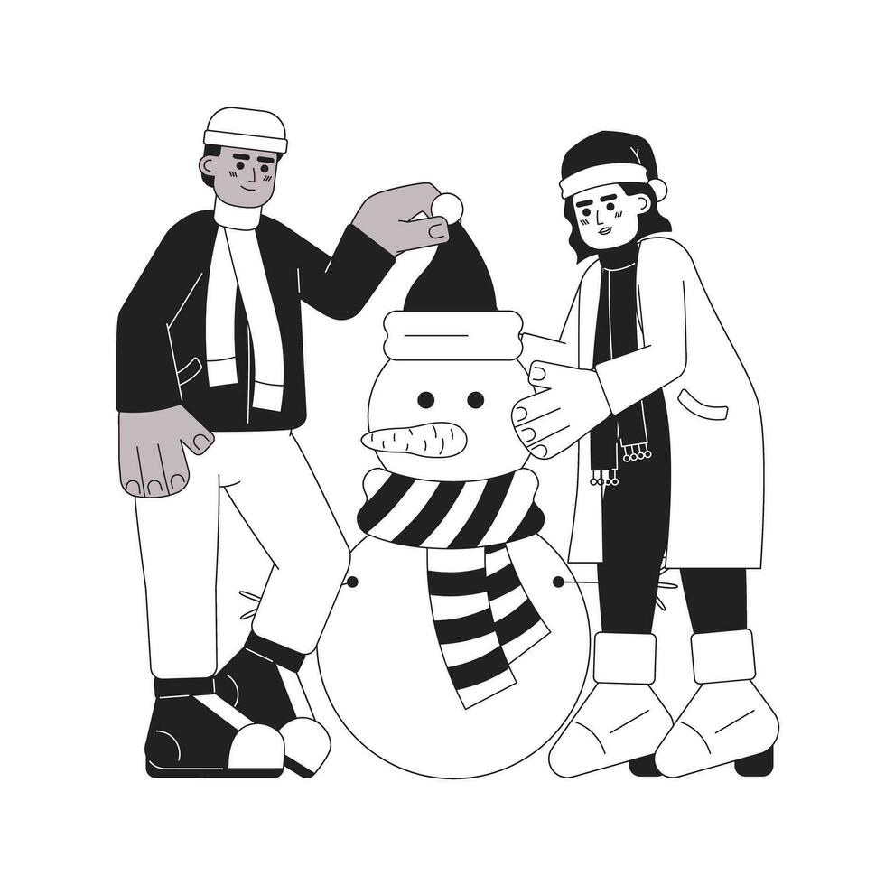 January snowman building Christmas tradition black and white cartoon flat illustration. Having fun winter friends linear 2D characters isolated. Play together outside monochromatic scene vector image