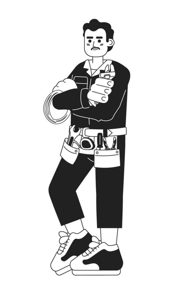 Handyman tool belt black and white cartoon flat illustration. Mustache hispanic repairman holds wrench linear 2D character isolated. Construction worker. Mechanic auto monochromatic scene vector image