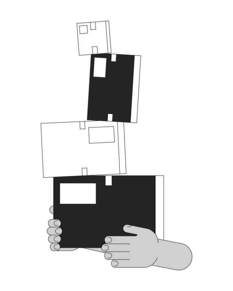 Carrying unstable stacked boxes cartoon human hands outline illustration. Holding unsteady cardboard parcels 2D isolated black and white vector image. Challenge flat monochromatic drawing clip art