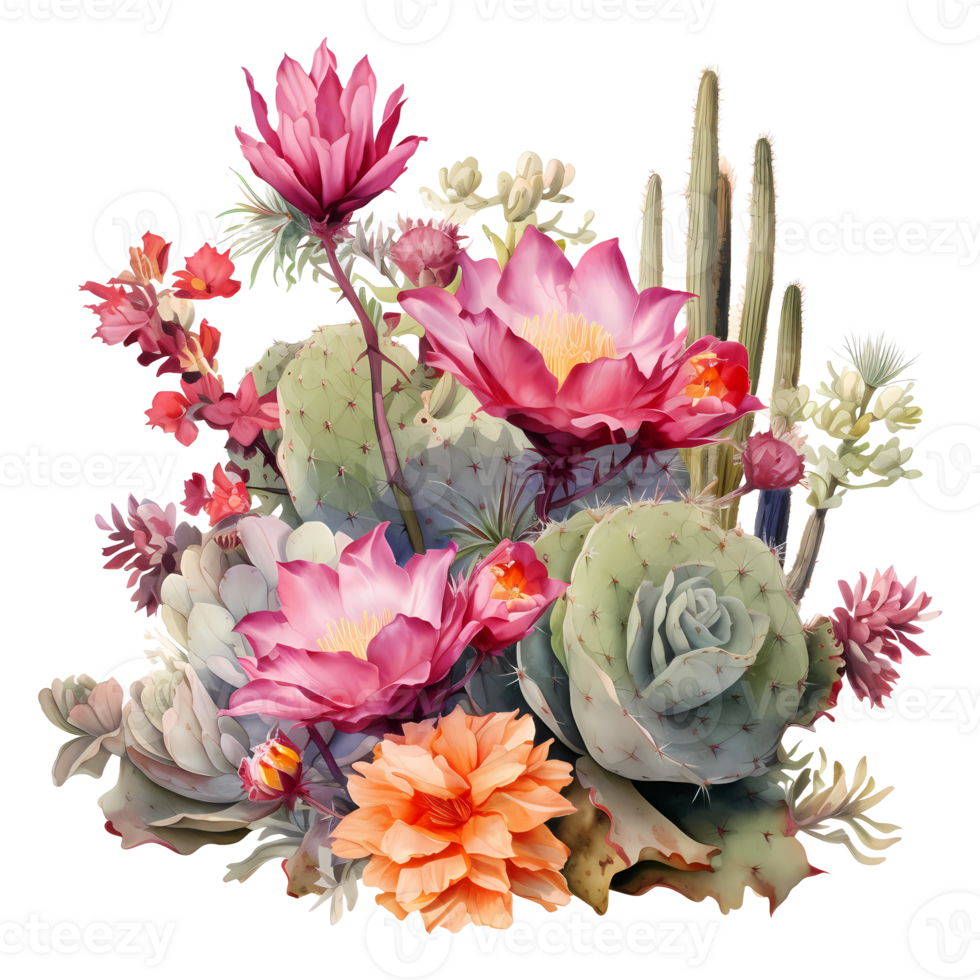 Ai generated cactus and flowers on transparent background png