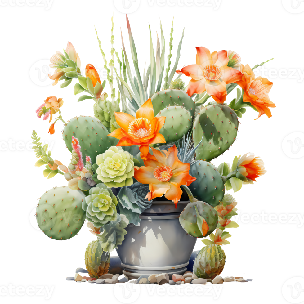 Ai generated watercolor painting of flowers and cactus plants png