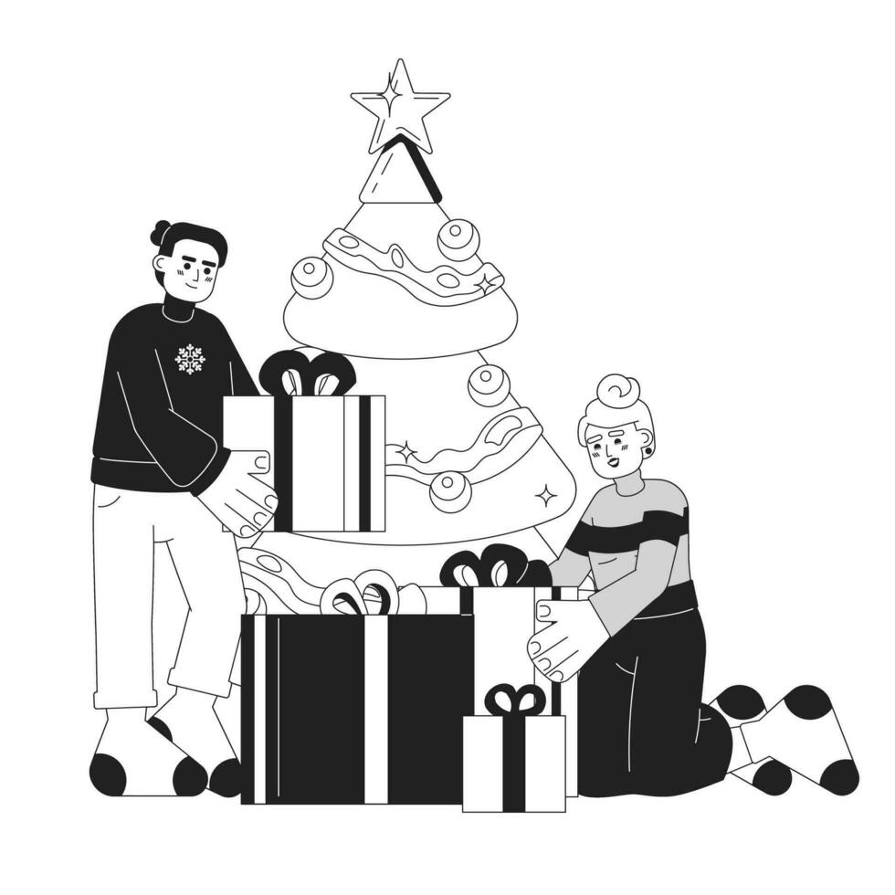 Expectation Christmas day black and white cartoon flat illustration. Happy couple wrapping xmas presents linear 2D characters isolated. Wintertime new year tradition monochromatic scene vector image