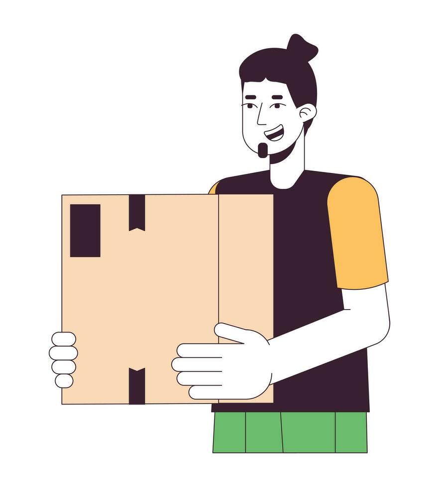 Excited caucasian guy holding cardboard box 2D linear cartoon character. European smiling man receiving package isolated line vector person white background. Takeaway color flat spot illustration