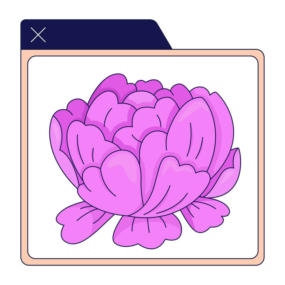 Application window blooming peony 2D linear cartoon object. Blossoming summer flower image preview computer isolated line vector element white background. Nostalgic peony color flat spot illustration