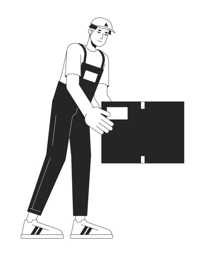 joven asiático entrega hombre poniendo abajo caja negro y blanco 2d línea dibujos animados personaje. coreano chico profesional agente de mudanzas aislado vector contorno persona. participación paquete o empaquetar monocromo plano Mancha ilustración