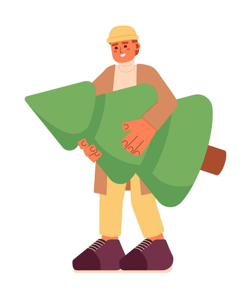 Winter outerwear caucasian man holding fir 2D cartoon character. European guy carrying Christmas tree isolated vector person white background. Preparation xmas color flat spot illustration