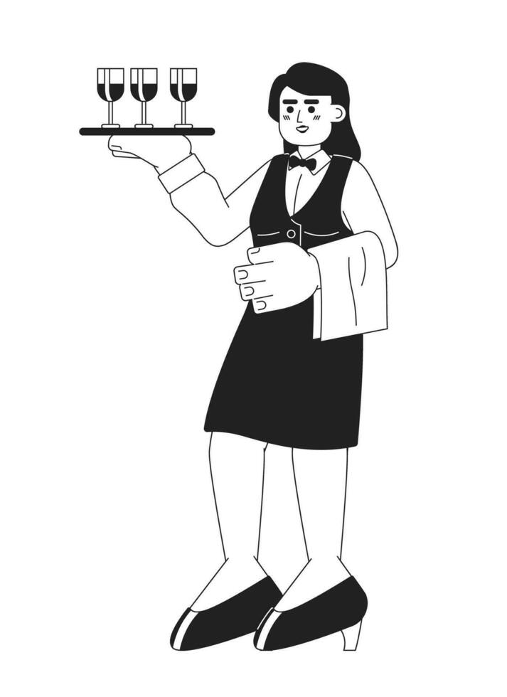 camarera restaurante negro y blanco dibujos animados plano ilustración. caucásico hembra anfitriona servidor que lleva bandeja copas de vino lineal 2d personaje aislado. abastecimiento servidor monocromo escena vector imagen