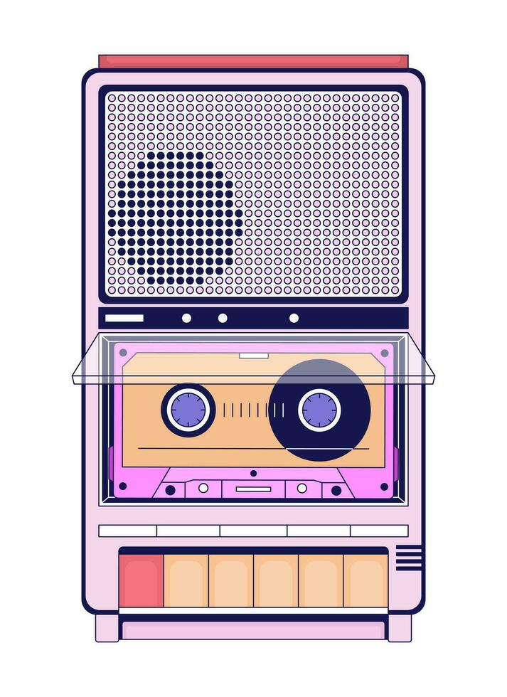 Cassette 80s audio equipment 2D linear cartoon object. Audiocassette inside retro device isolated line vector element white background. Listening music vintage color flat spot illustration