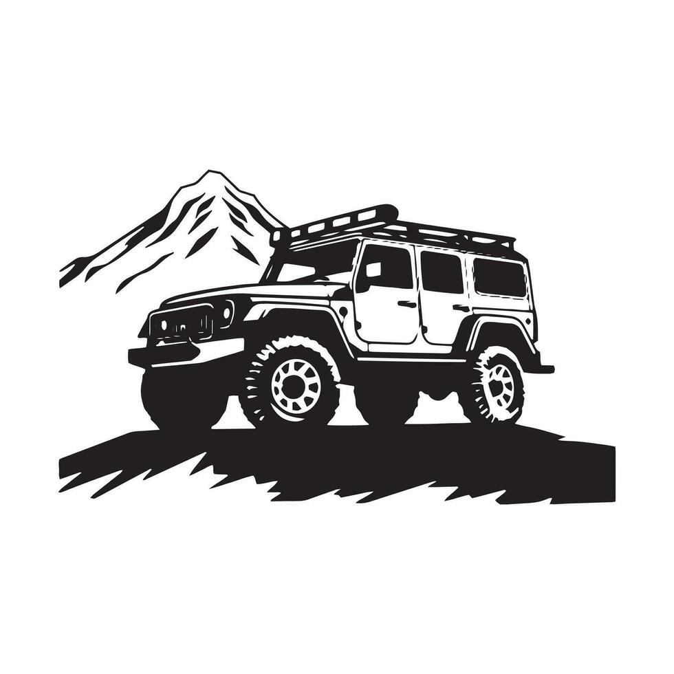 A logo of off road jeep 4x4 car silhouette visit mountain concept isolated icon vector black jeep