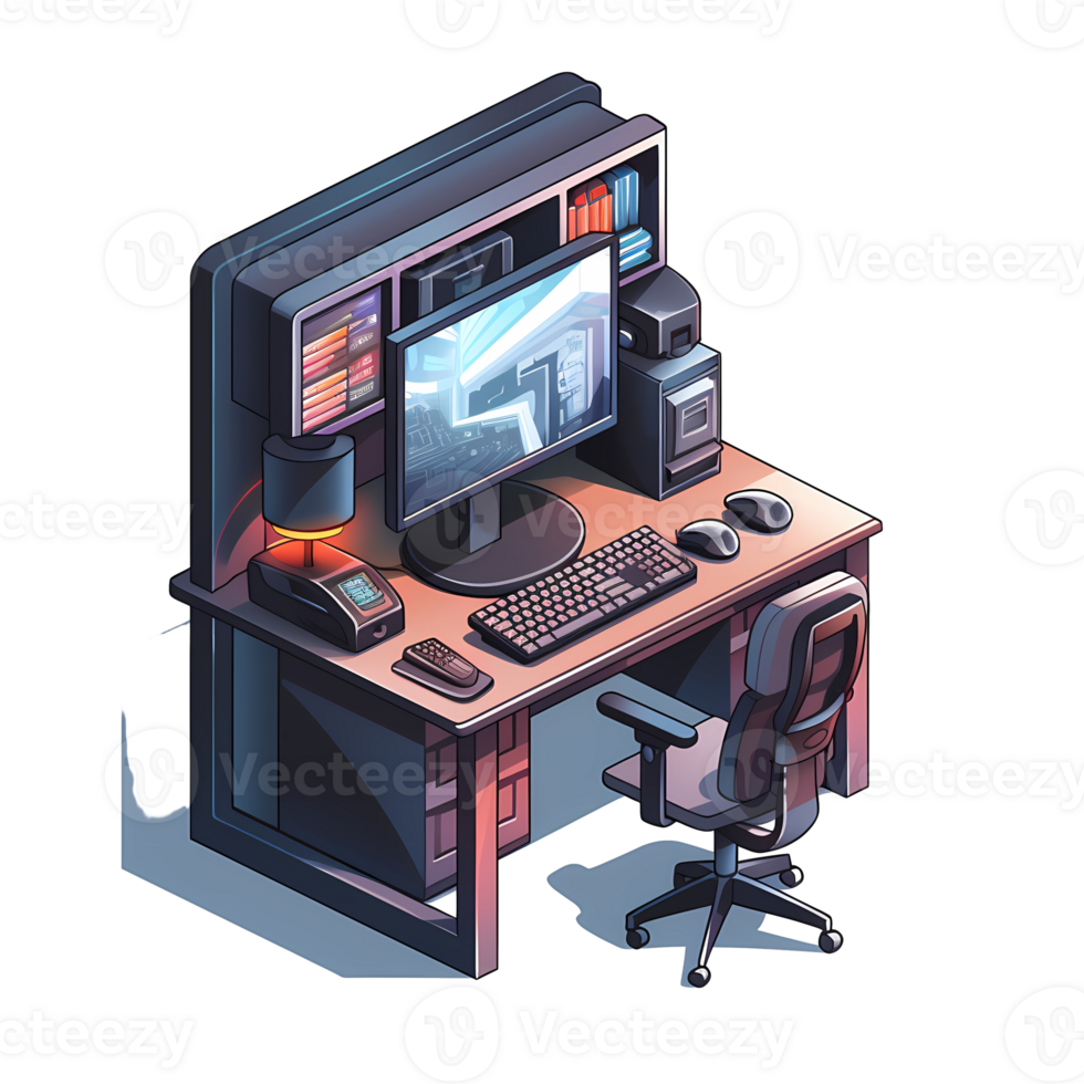 Ai generated isometric office desk with computer monitor, keyboard, mouse and monitor png
