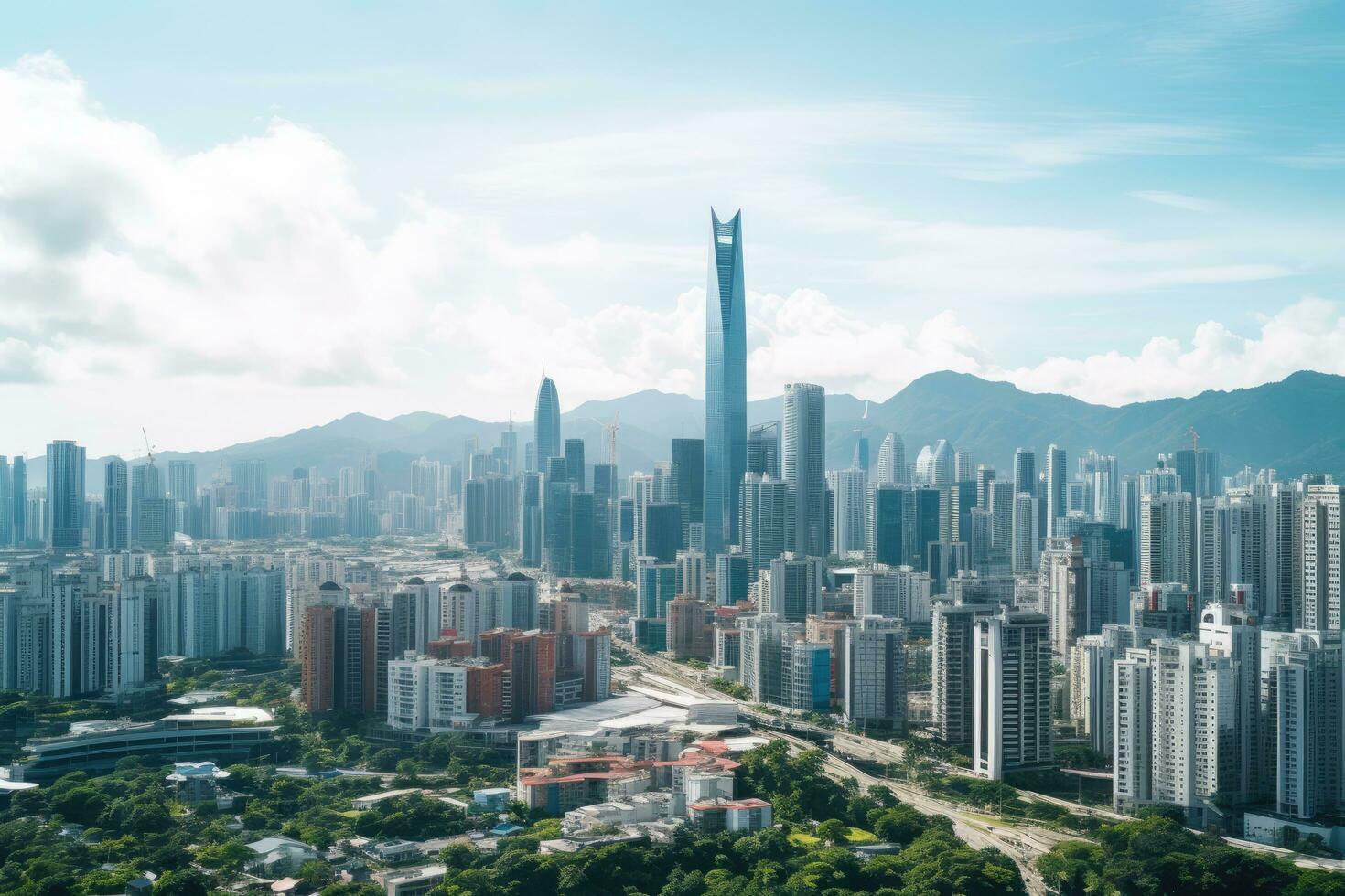 panoramic view of the city of shenzhen,China, The skyline of Futian CBD Financial District in Shenzhen full city view with tall buildings. white background, AI Generated photo