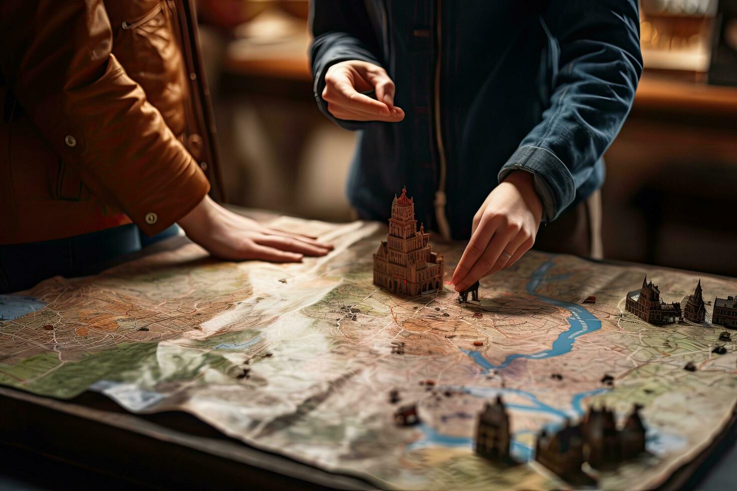 Close-up of a group of people standing near the table with a map, Tourists checking on a map, top section cropped, no visible faces, front view, AI Generated photo