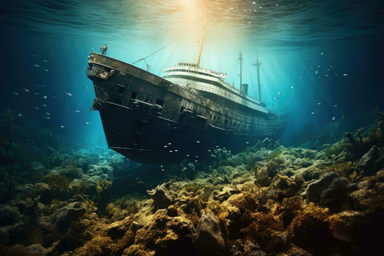 Shipwreck in the sea. Underwater world. 3d rendering, Titanic shipwreck lying silently on the ocean floor. The image showcases the immense scale of the shipwreck, with its fragmented, AI Generated photo