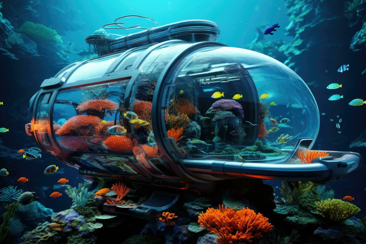Underwater world. Underwater world with corals and tropical fish, The submarine of the future will be underwater next to coral reefs and fish, 6k ultra HD, AI Generated photo