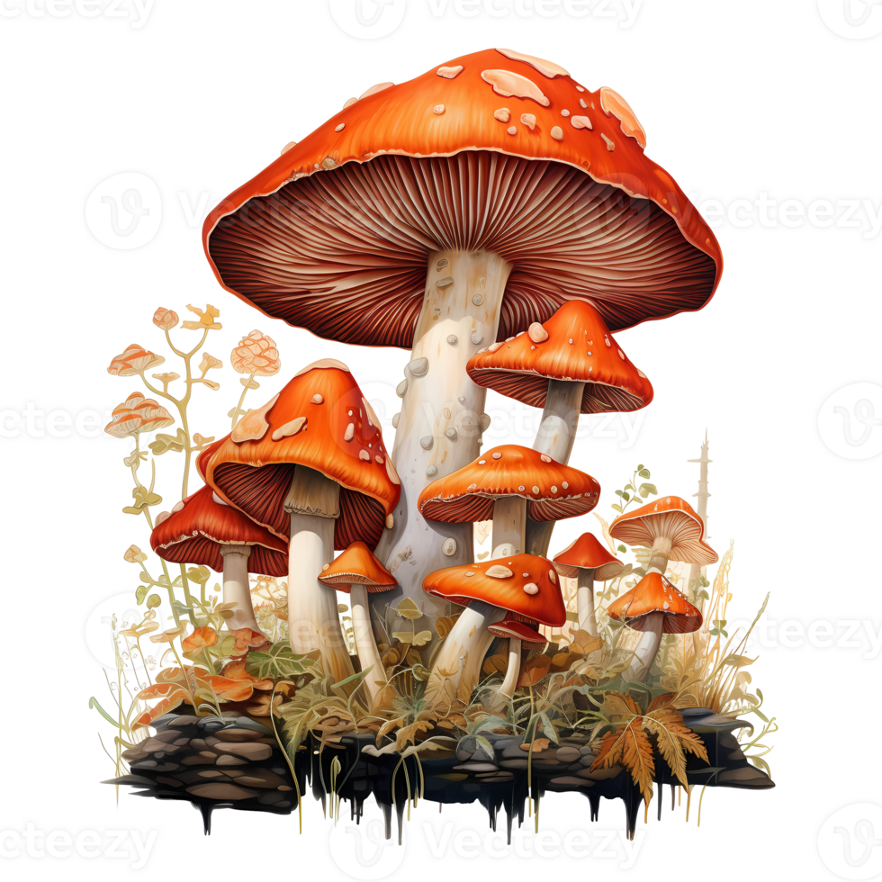 Ai generated mushrooms on a tree stump with leaves and flowers png