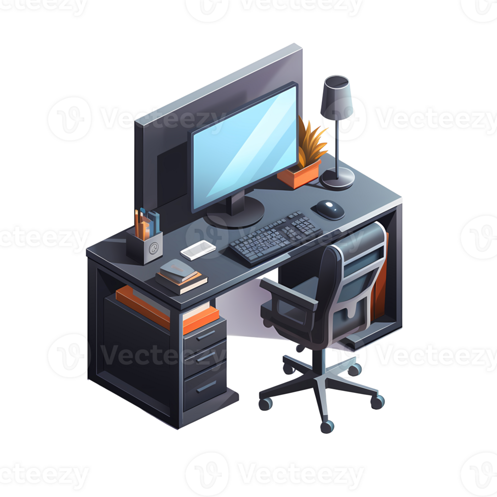 Ai generated isometric office desk with computer monitor, keyboard, mouse and monitor png