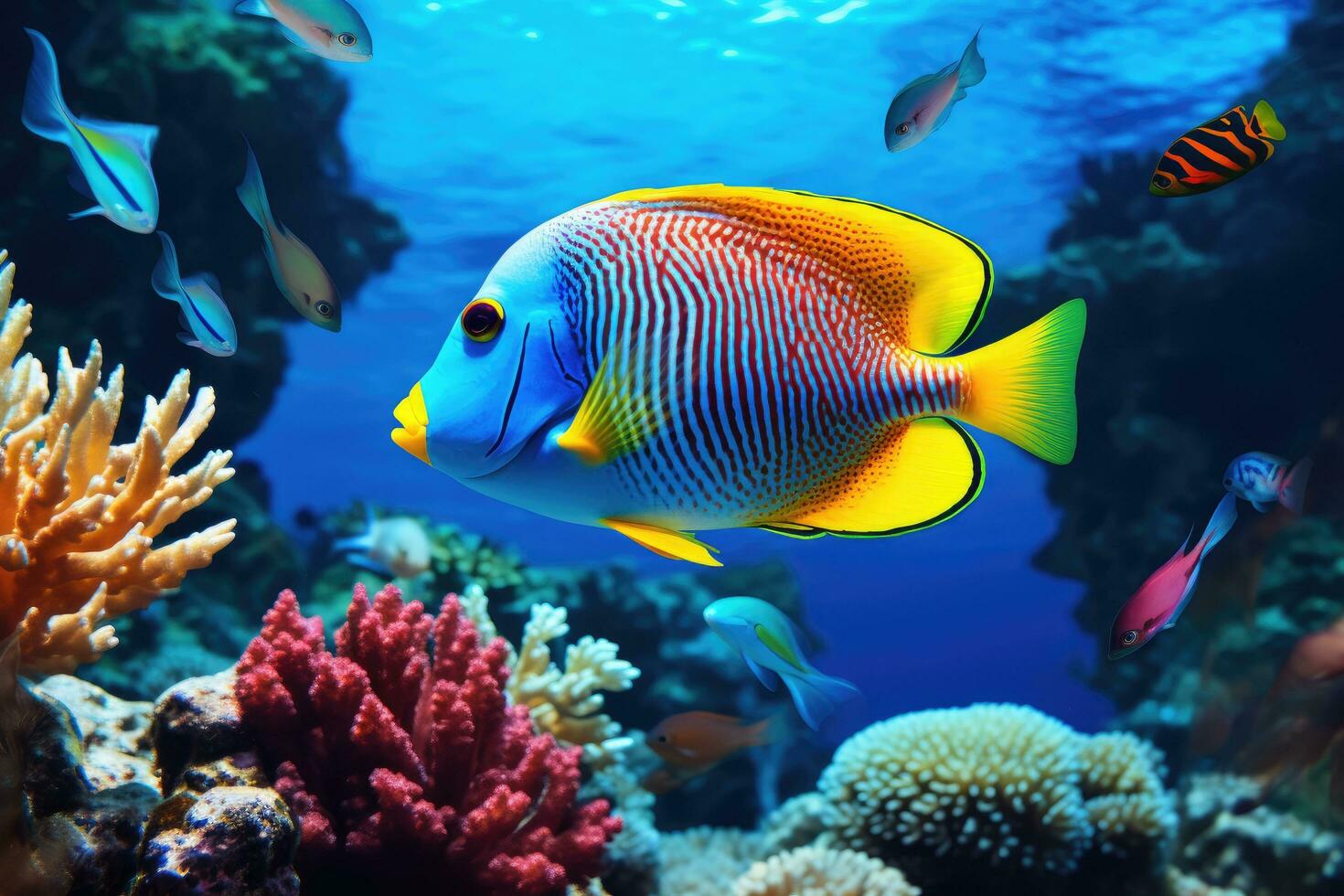 Colorful tropical fish swimming in the deep blue waters of the Red Sea, Tropical fish on coral reef in ocean. Underwater scene, AI Generated photo