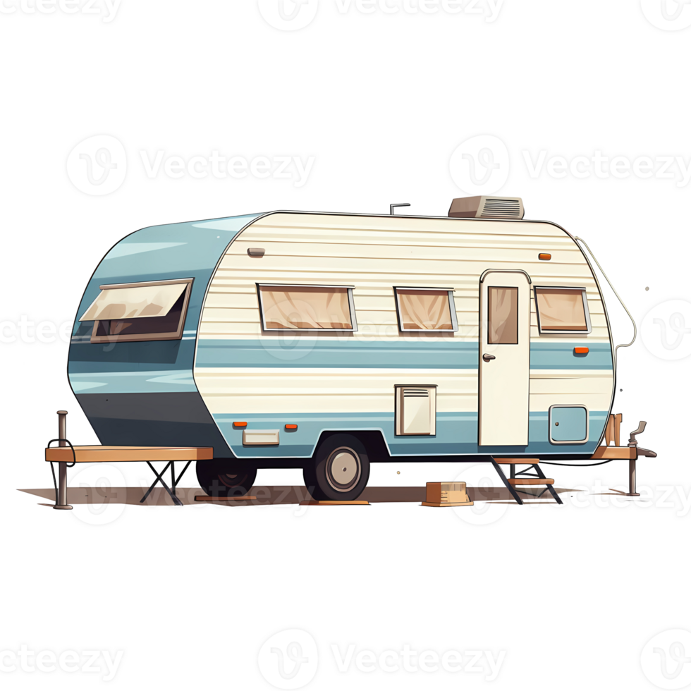 Ai generated rv trailer on a flat surface with trees and rocks png