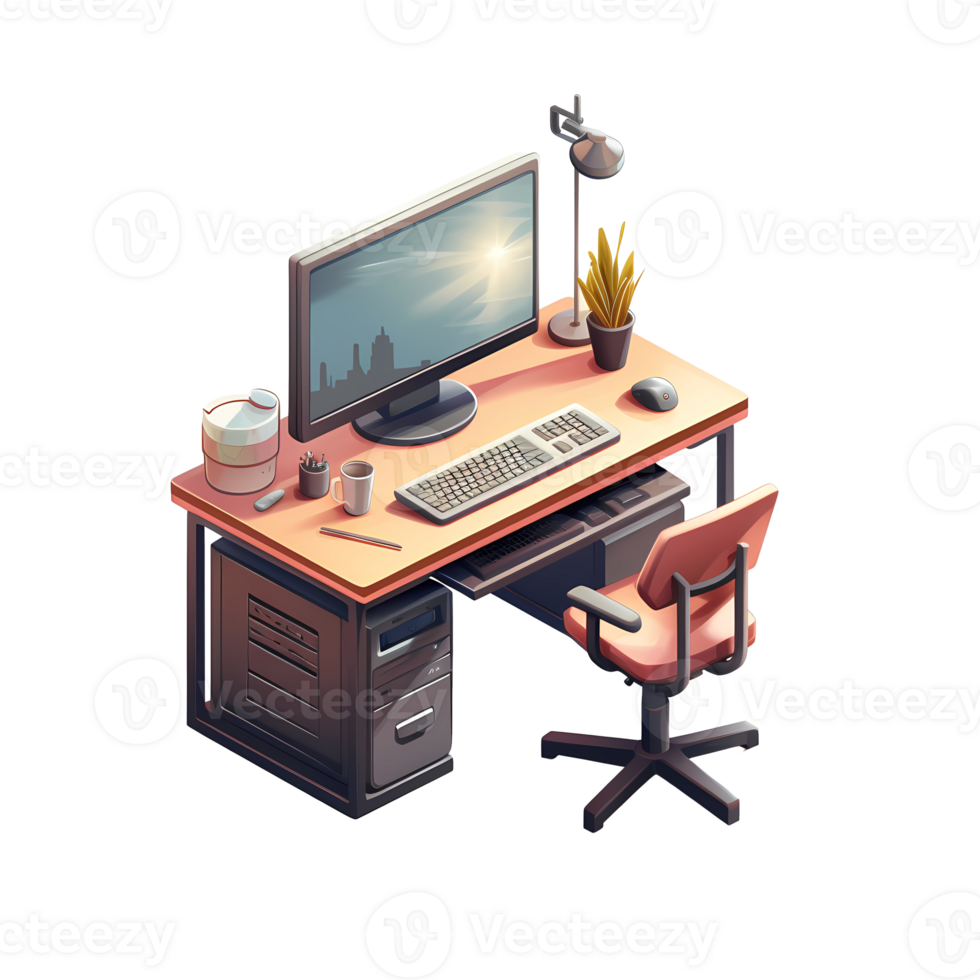 Ai generated isometric office desk with computer monitor, keyboard, mouse and monitor png