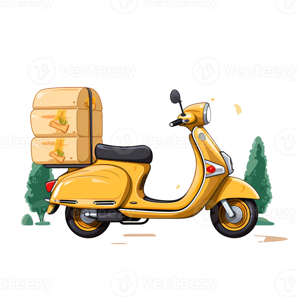 Ai generated yellow scooter with a box on the back, with trees and a road png