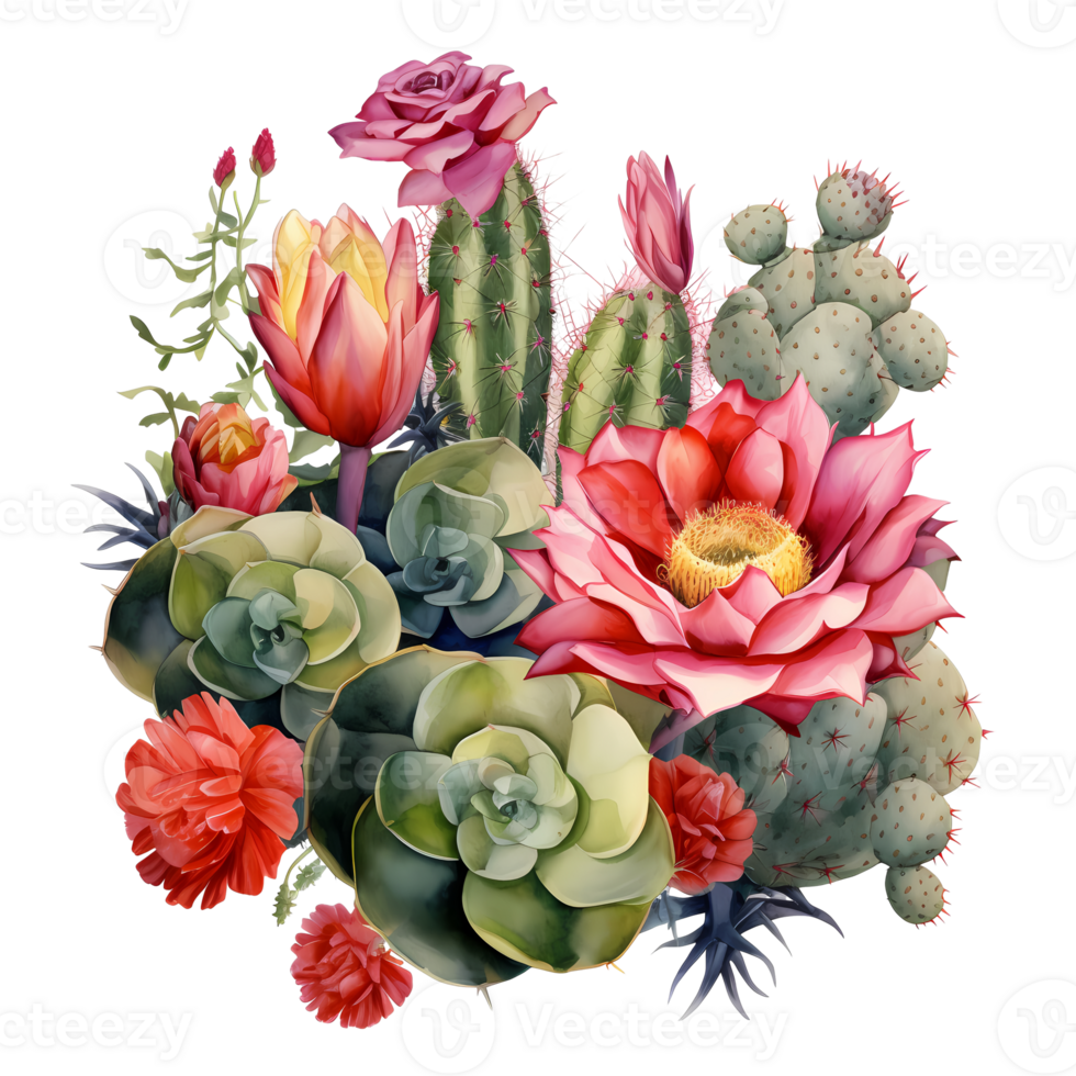 Ai generated cactus and flowers on transparent background png