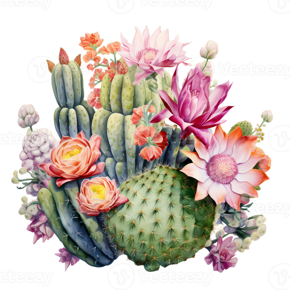 Ai generated cactus and flowers on transparent background png
