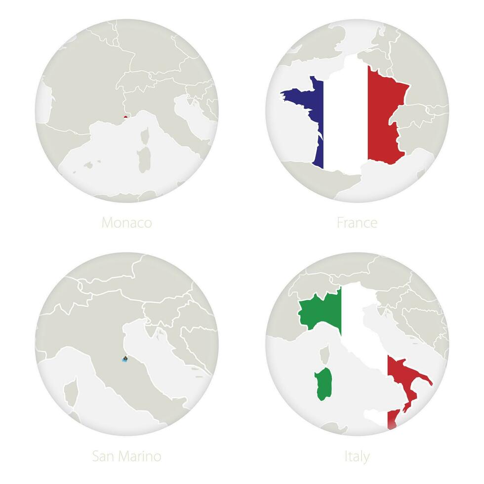 Monaco, France, San Marino, Italy map contour and national flag in a circle. vector
