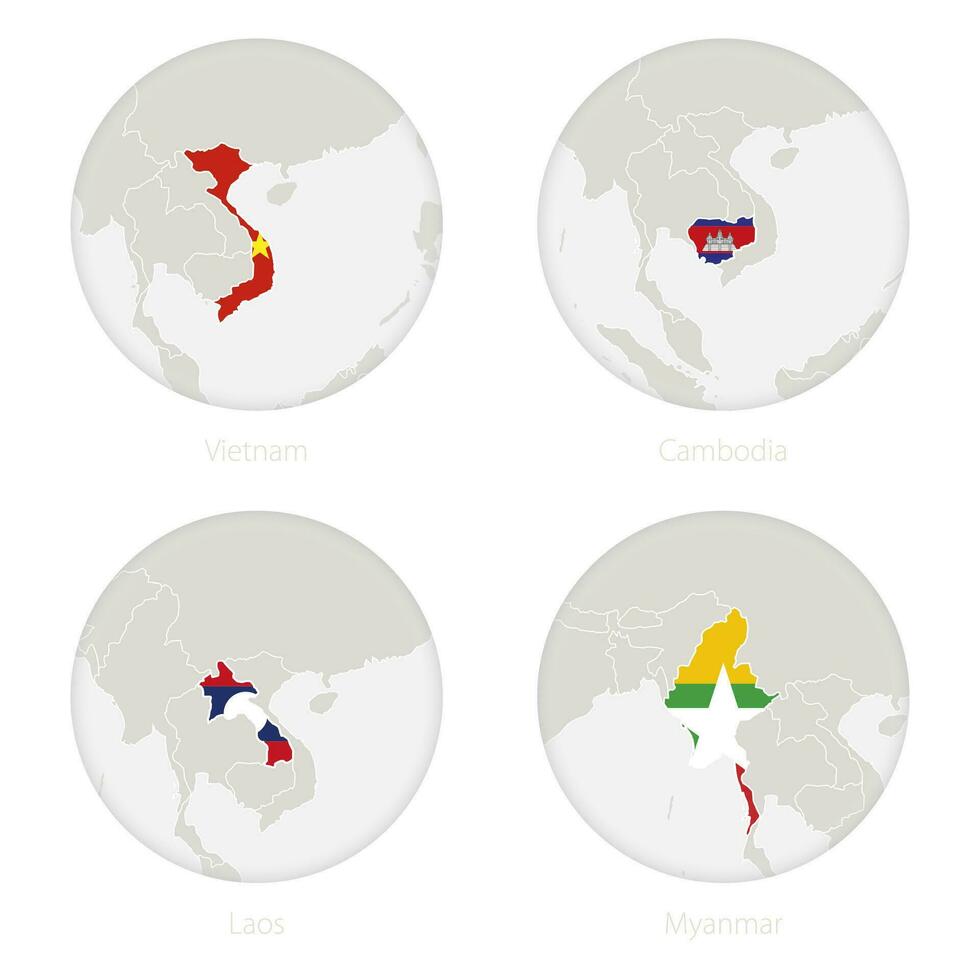 Vietnam, Cambodia, Laos, Myanmar map contour and national flag in a circle. vector