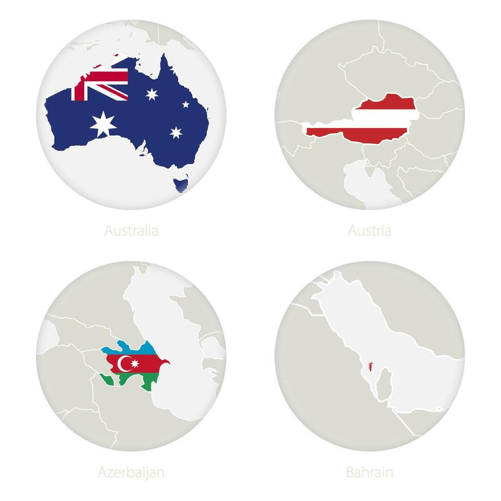 Australia, Austria, Azerbaijan, Bahrain map contour and national flag in a circle. vector