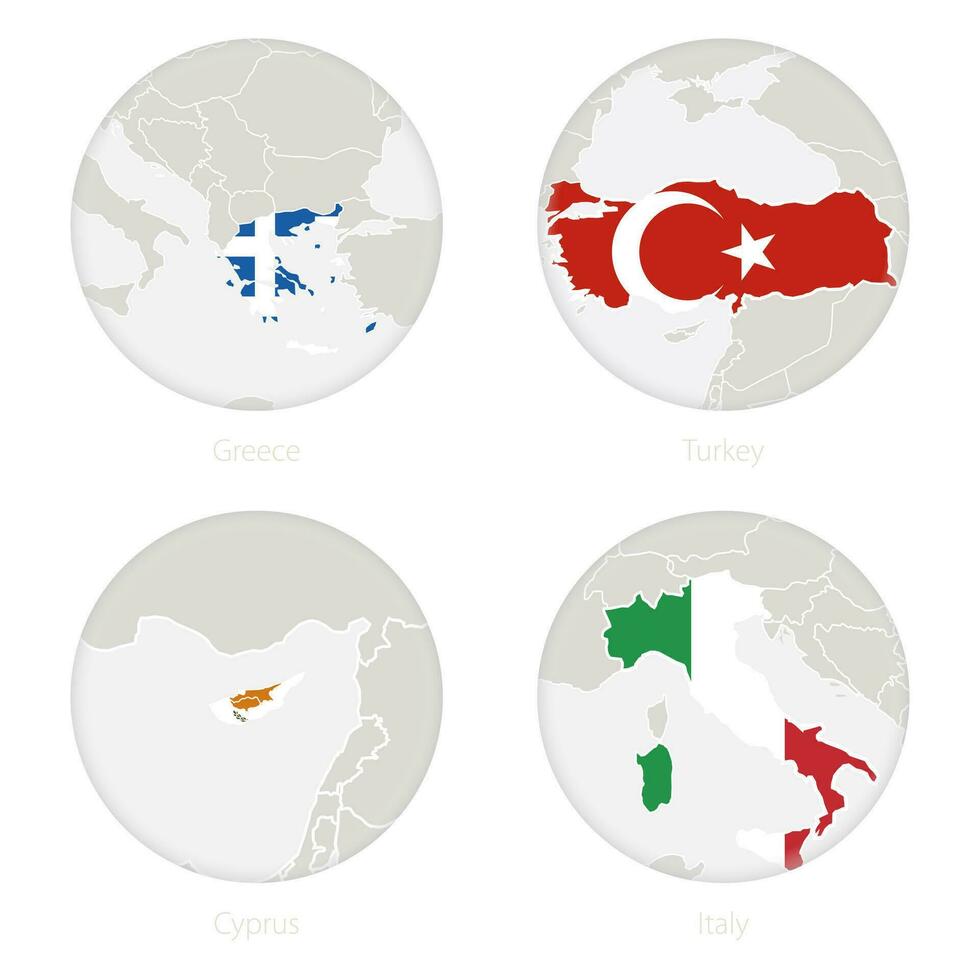 Greece, Turkey, Cyprus, Italy map contour and national flag in a circle. vector