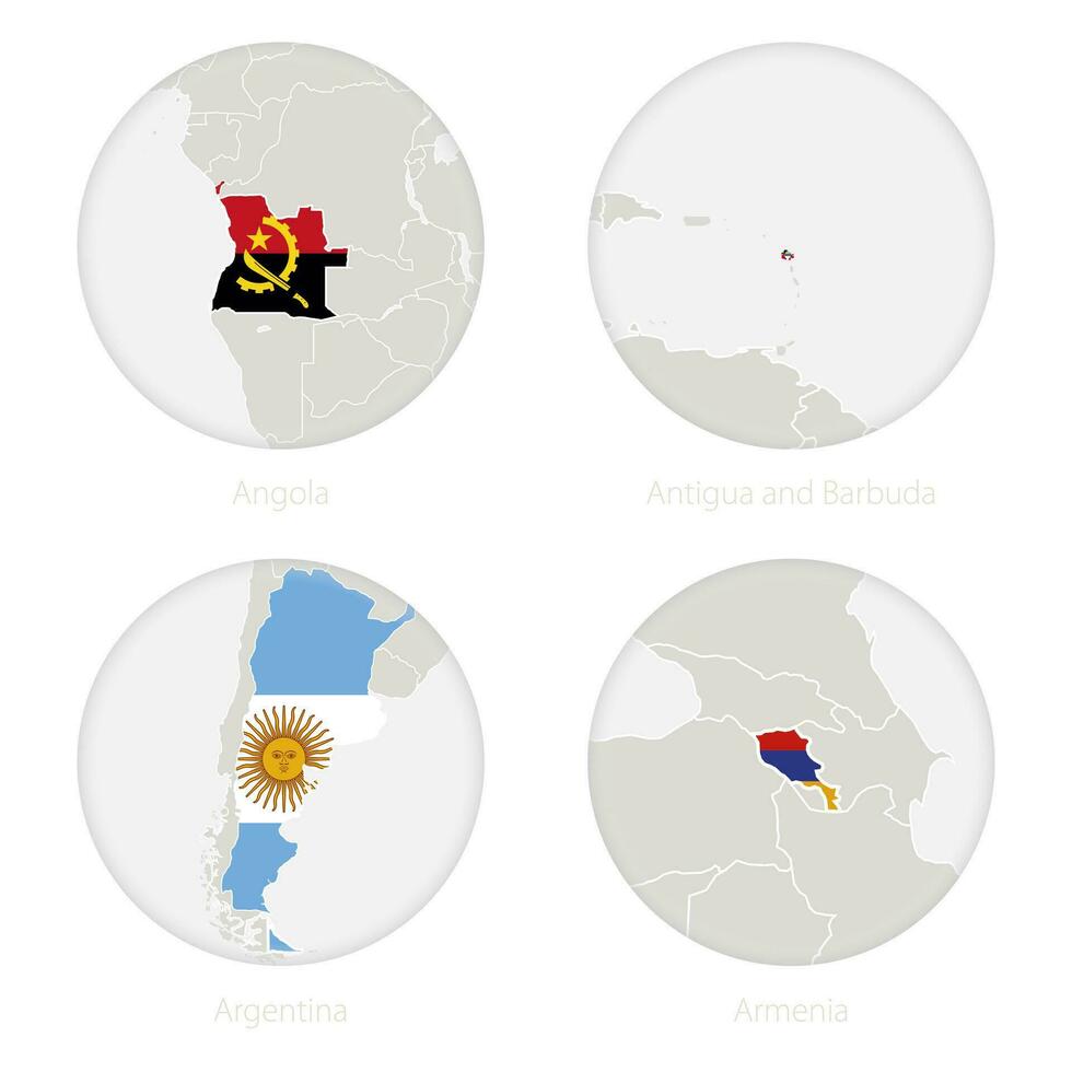 Angola, Antigua and Barbuda, Argentina, Armenia map contour and national flag in a circle. vector