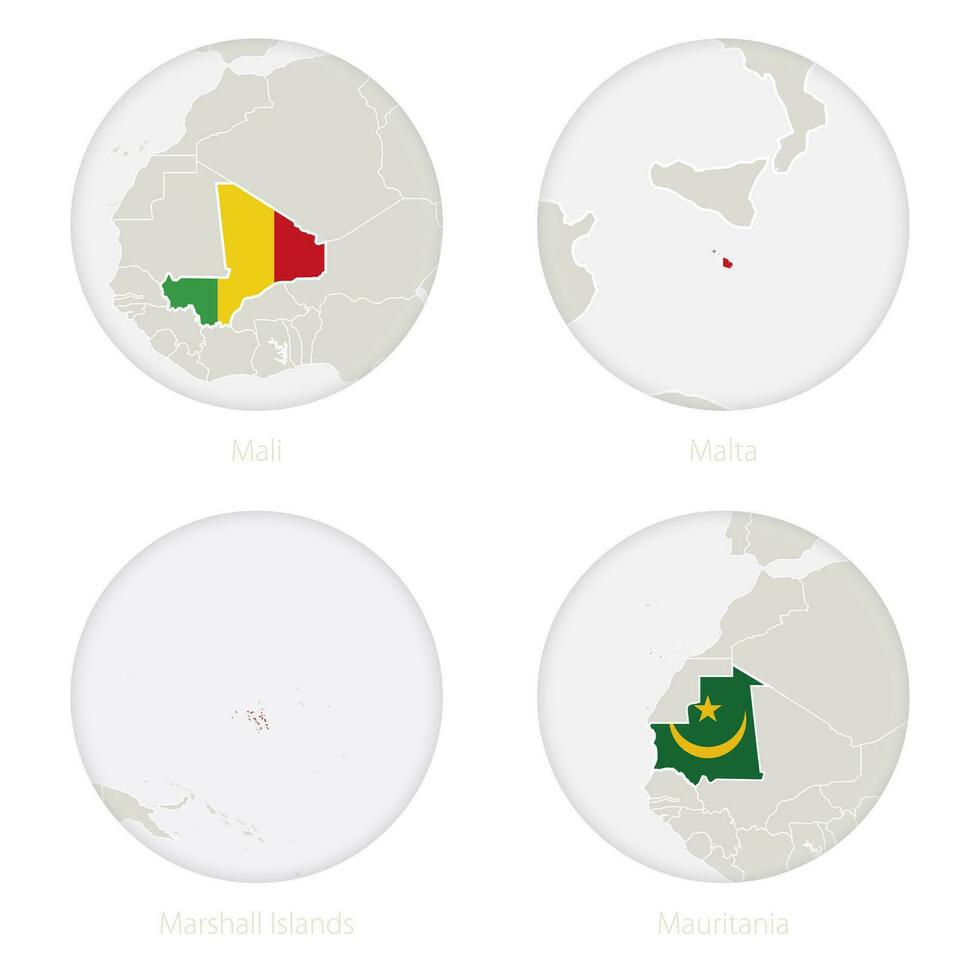 Mali, Malta, Marshall Islands, Mauritania map contour and national flag in a circle. vector