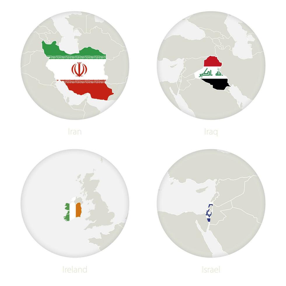 irán, Irak, Irlanda, Israel mapa contorno y nacional bandera en un círculo. vector