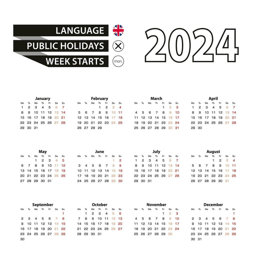 Calendar 2024 in English language, week starts on Monday. vector