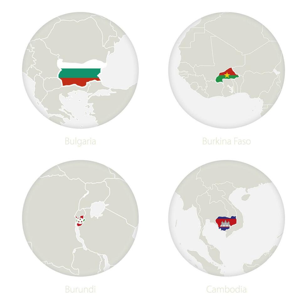 Bulgaria, Burkina Faso, Burundi, Cambodia map contour and national flag in a circle. vector